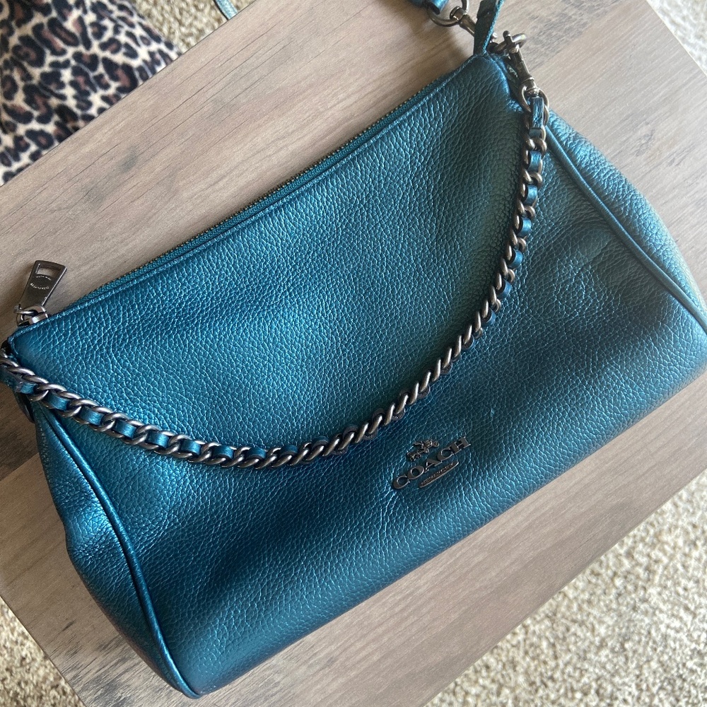 Coach Purse Teal Blue Crossbody Bag with Silver Chain